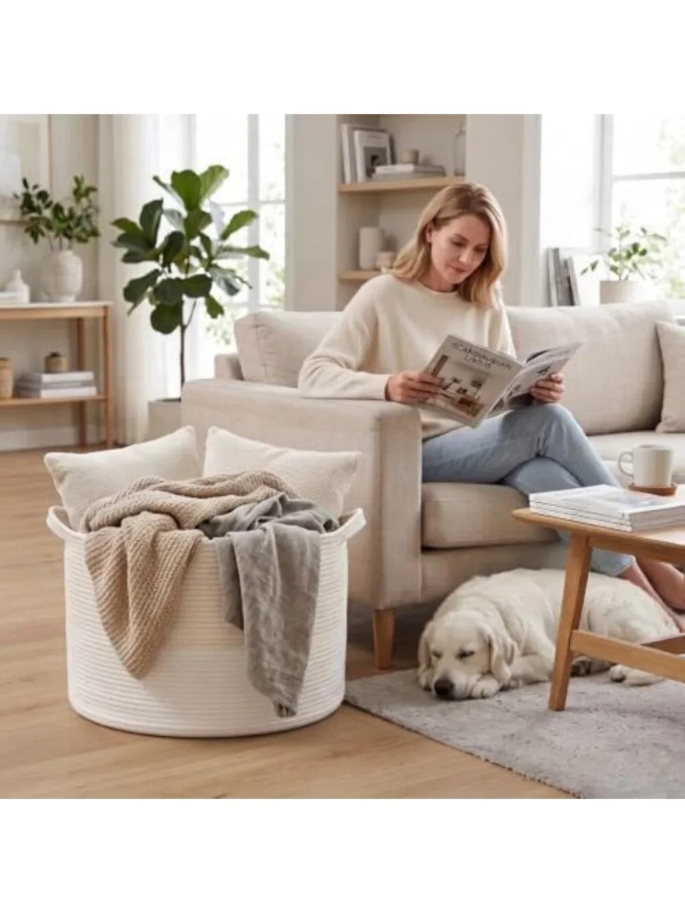 Extra Large Woven Cotton Rope Blanket Basket - Stylish White Storage Solution